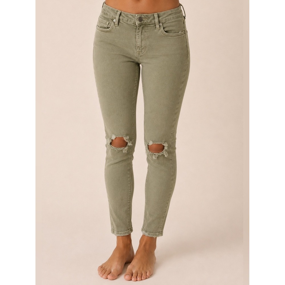 Free People Distressed Skinny Jeans Olive Green Sz 27 Streetwear Indie Boho Arts